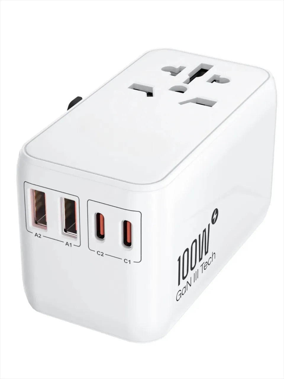 Tekbold Blanc 100W GaN Adaptateur de voyage universel GaN3 100W USB et USB Type-C EU/UK/USA/AUS