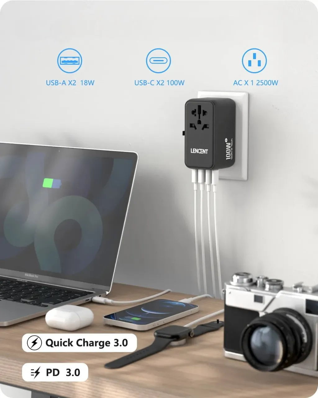 Tekbold Adaptateur de voyage universel GaN3 100W USB et USB Type-C EU/UK/USA/AUS