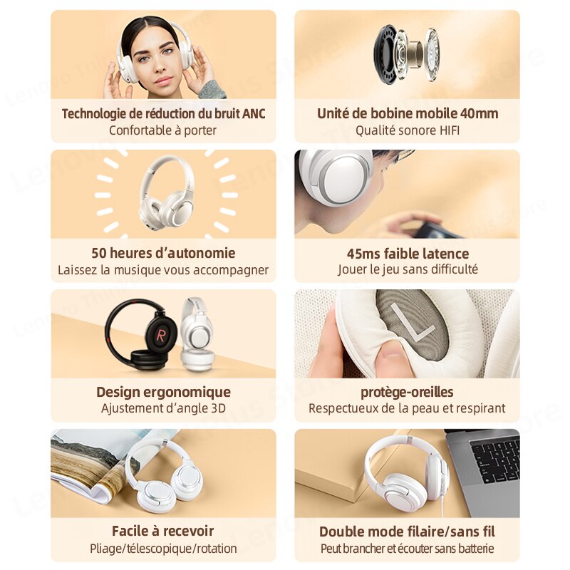 Tekbold Original Lenovo TH40 Stereo Wireless Bluetooth Earphones Sports Headphones HIFI Sound Quality Smart Noise Cancelling With Mic